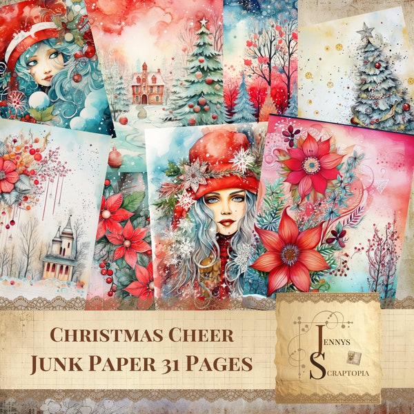 Christmas Cheer Junk Journal Pages, Digital Scrapbook Paper Kit, Winter Holiday Collage Sheet, Vintage Ephemera, Festive Printable Prints