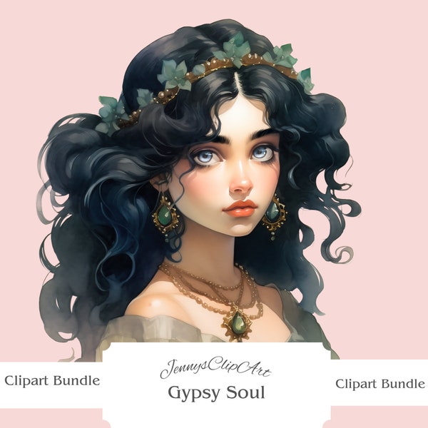 Gypsy Soul Clipart Bundle, Beautiful Women Png, Emerald Goddess, Digital Download, Commercial use