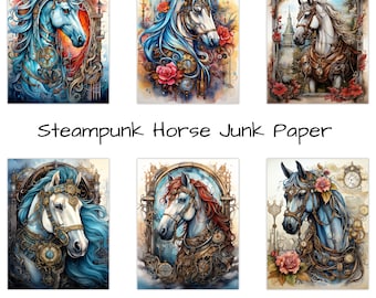 watercolor steampunk horse junk journal printable page, steampunk junk journal kit,junk journal paper digital collage sheet,instant download