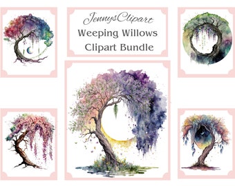Weeping Willow, Digital Download, Clipart Bundle, Commercial Use, Transparent Background, Watercolor Tree, Png Bundle, Celestial Clipart