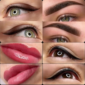 May include: A collage of close-up images showing different types of permanent makeup, including eyeliner, eyebrow, and lip liner.