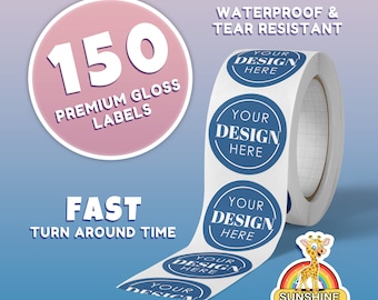 150 Etiketten auf Rolle Premium glänzende wetterfeste Etiketten - Ihr Design-Logo - Versand am nächsten Tag - schneller Versand