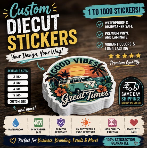 Custom Vinyl Waterproof Stickers Cut any Shape. Custom Bulk Stickers Perfect for Companies, Creators, and Sticker Lovers