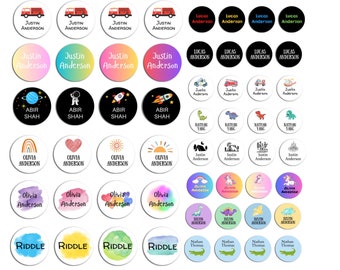 Etiquetas redondas para guardería / Personalizadas / Impermeables / Aptas para lavavajillas / Etiquetas redondas con nombre / Etiquetas para chupetes / Elige tu tema / Material escolar