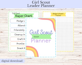 May include: A printable Girl Scout Leader Planner with a rainbow design. The planner includes a Kaper Chart, a Badge & Award Tracker, and a section for troop information.