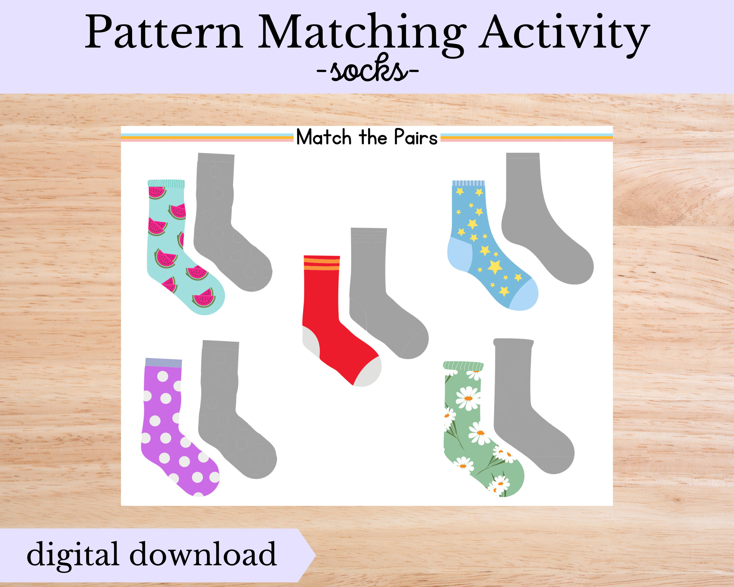 Mathing Socks Pattern Matching Activity, Match the Sock Pattern, Digital Download - Etsy
