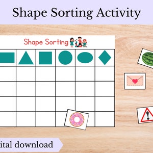 May include: A printable shape sorting activity for kids. The worksheet has a grid with six different shapes at the top: a square, triangle, square, circle, oval, and diamond. There are four images below the grid: a watermelon, a letter with a heart, a donut, and a warning sign.