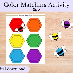 Kleurmatchingactiviteit, match de bij met zijn bijenkorf, digitale download