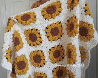 Sunflower Granny Square Blanket DIGITAL PDF PATTERN (with video tutorials) | Perfect for Beginners!