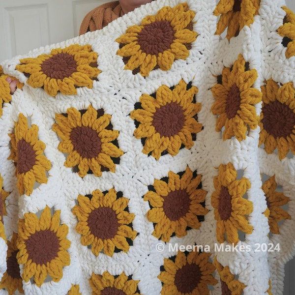 Sunflower Granny Square Blanket DIGITAL PDF PATTERN (with video tutorials) | Perfect for Beginners!