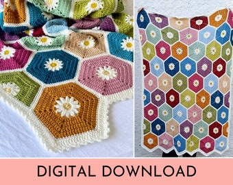 Hexadaisy Crochet Blanket Pattern (US & UK Terms) PDF Digital Download (Now with video tutorials!) - Daisy Hexagon Throw Afghan