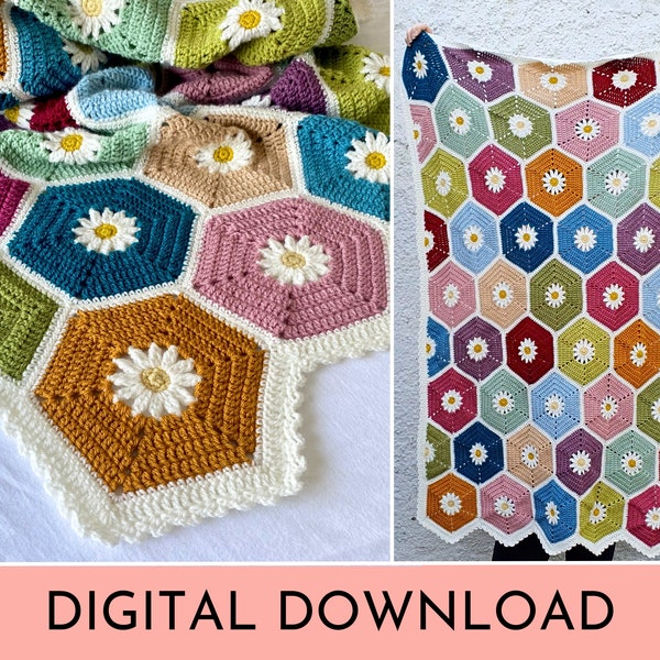 Hexadaisy Häkeldecke Muster PDF Digitaler Download (Jetzt mit Video-Tutorials!) - Daisy Hexagon Throw Afghan