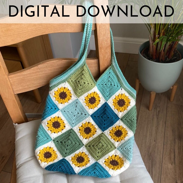 Sunflower Patch Bag Crochet Pattern - PDF Digital Download Market Bag Tote Bag Handbag Daisy Flower Granny Square