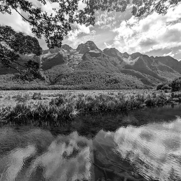 Lake and Mountain in Te Anau New Zealand (Black and White) - Printable Digital Image Download