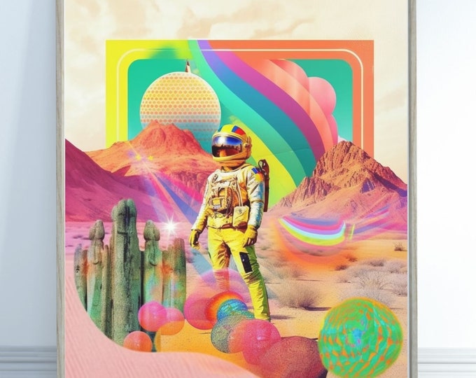 Astronaut Retro Sci Fi Aesthetic Art Print, Retrowave Cosmic Space Art, Vintage Surreal Futurism Spacemen Pop Art Poster, Pop Surreal