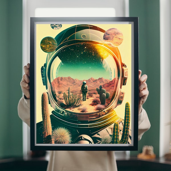 Surreal Astronaut Helmet Art Print, Psychedelic Wall Art, Retro Sci-fi SpacemenIn Desert Scene Art Poster, 70s Inspired Painting