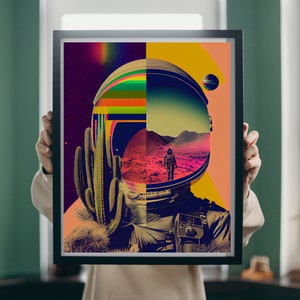 Retro Pop Art Astronaut Helmet Art Print, Psychedelic  Wall Art, Retro Sci-fi Spacemen In Desert Scene Art Poster, 70s Inspired Painting