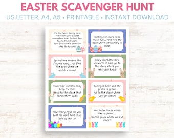 May include: A printable Easter scavenger hunt game with 8 colorful cards featuring clues and illustrations of bunnies, chicks, and eggs. The cards have text such as "It's the Easter Bunny here! I've hidden your basket somewhere near! So hop, hop, hop to find it soon! Your first clue is where we keep the spoons!" and "Spring is here and the grass is green, go to the place where you get clean!"