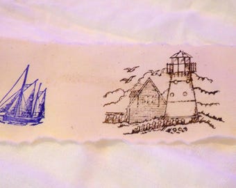2 yrdsx2.0 inches lighthouse sailboat hand crafted ink stamped torn cotton ribbon birthday beach gift wrapping crafting ephemera ribbon