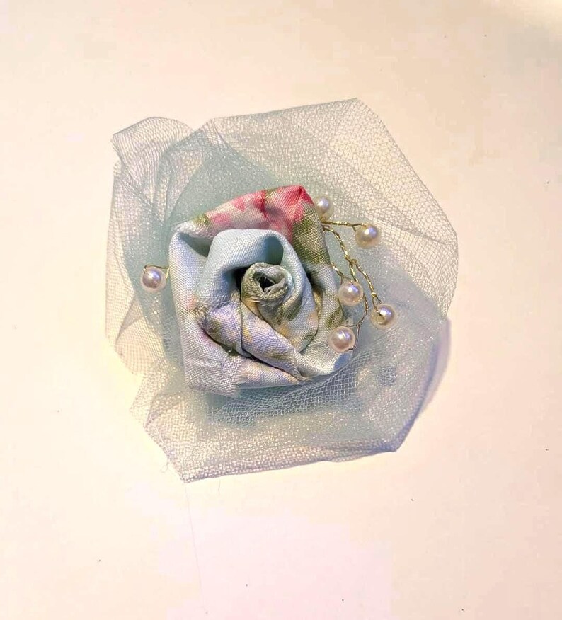 Hand Crafted Hand Torn Frayed Rose Set on Tulle With Faux Pearls ...