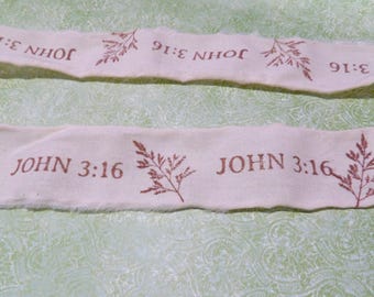 2 yards x 1.25 wide JOHN 3:16 hand ink stamped with wheat hand torn frayed gift-wrapping bible marker table decor scrapbooking ribbon