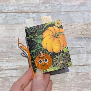 May include: A small handmade notebook with a black cover featuring a large orange pumpkin illustration, green vines, and a spiderweb pattern. An orange felt pumpkin cutout with googly eyes and a small beige flower are attached to the front cover.