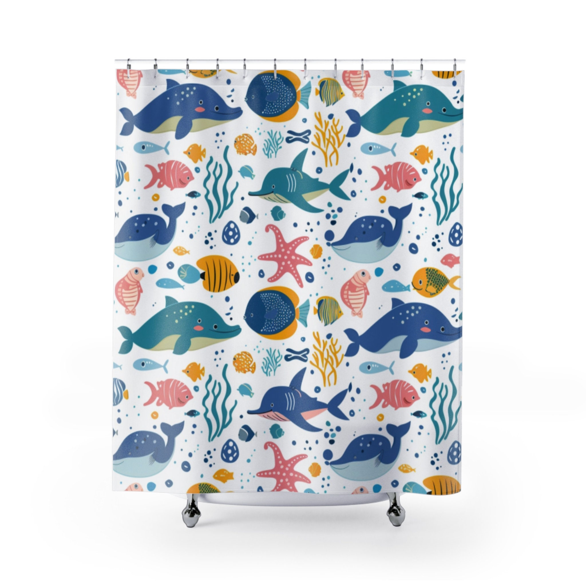Ocean Life Shower Curtain Whimsical Sea Creatures Colorful Marine