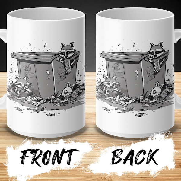 Raccoon Cartoon Dumpster Adventure Coffee Mug, Cute Wildlife Animal Illustration, Humorous Urban Animal Art, Unique Gift for Animal Lovers