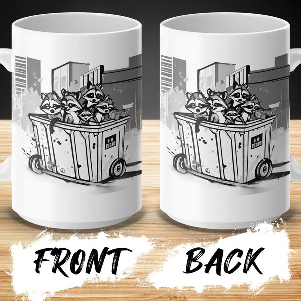 Unique Raccoon Art Coffee Mug, Urban Wildlife Black and White Illustration, Dumpster Graphic, Animal Artwork Lovers, Street Art Style Mug