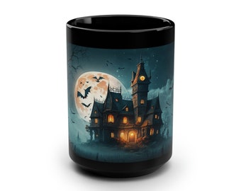 Spooky Haunted House, Full Moon, Bats, and Jack-o'-Lanterns, Halloween Coffee Mug, Haunted House Mug, Coffee For Halloween. Coffee Mug