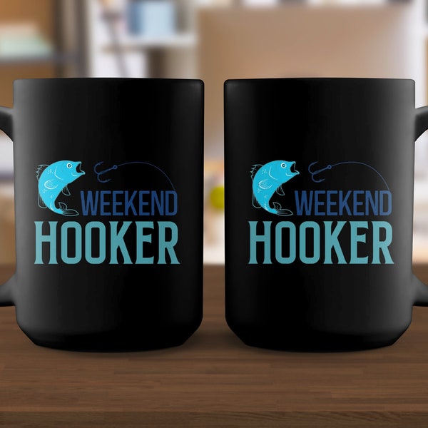Weekend Hooker Funny Fishing Mug, Unique Fish and Hook Graphic, Blue Coffee Cup, Gift for Anglers, Fishermen Present Idea, Quirky Humor