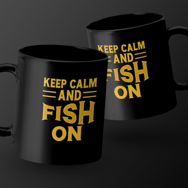 Keep Calm and Fish On Mug, Yellow Text Fishing Lover Gift, Inspirational Quote Coffee Cup, Perfect for Fishermen and Anglers