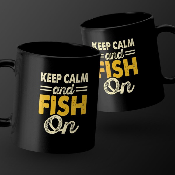 Keep Calm and Fish On Yellow Text Coffee Mug, Inspirational Fishing Quote, Gift for Anglers, Morning Brew Cup, Fisherman Mug, Office Mug