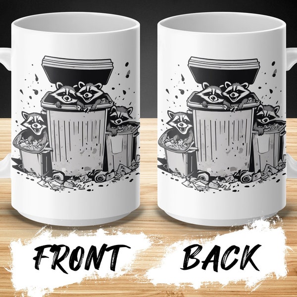 Unique Raccoon Dumpster Design Coffee Mug, Urban Wildlife Art, Black and White Illustrated Trash Pandas, Creative Kitchenware, Animal Lover
