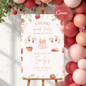 Editable Berry Sweet Welcome Baby Shower Sign Template, Strawberry Baby Shower Welcome Poster, Printable Fruit Baby Shower Sign, Baby Girl