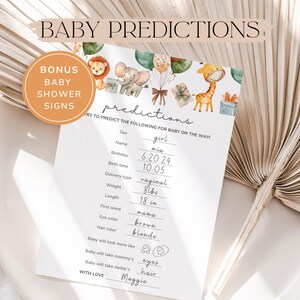 Tarjeta de juego para baby shower con predicciones de animales de la selva, plantilla de juego para baby shower con animales de safari, imprimible con predicciones de animales salvajes, tamaño A1