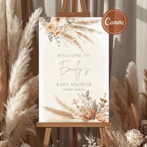Boho Baby Shower Welcome Sign Template, Editable Canva Baby Shower Sign, Pampas Neutral Baby Shower Welcome Poster, Print Baby Shower Sign