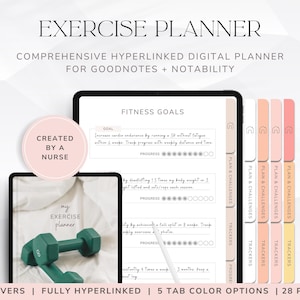 May include: A digital planner for Goodnotes and Notability with a pink and white color scheme. The planner is designed for exercise and fitness goals. It includes sections for fitness goals, plans and challenges, trackers, and progress. The planner has 70 covers, is fully hyperlinked, has 5 tab color options, and is 28 pages long.
