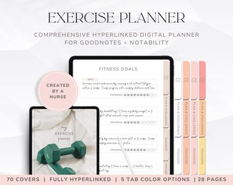 May include: A digital planner for Goodnotes and Notability with a pink and white color scheme. The planner is designed for exercise and fitness goals. It includes sections for fitness goals, plans and challenges, trackers, and progress. The planner has 70 covers, is fully hyperlinked, has 5 tab color options, and is 28 pages long.