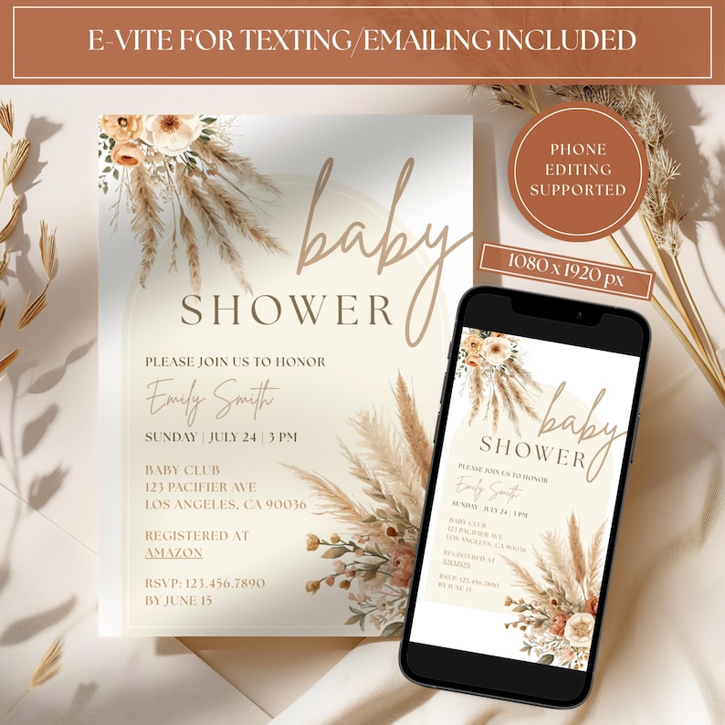 May include: A baby shower invitation with a floral design and the words "Baby Shower." The invitation includes details such as the honoree's name, date, time, and location. A smartphone displays the invitation. Text reads "E-VITE FOR TEXTING/EMAILING INCLUDED."