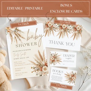 May include: A collection of printable baby shower cards. The main invitation is 5x7 inches, featuring text and floral accents. Additional cards include a thank you card (3.5x5 inches), a diaper raffle card, and a books for baby card (3.5x2 inches).