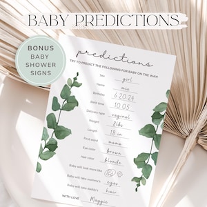 Afdrukbare babyvoorspellingskaarten voor babyshower, babyvoorspelling bewerkbare canvassjabloon, babyshowerborden bloemen, minimale babyshower, F1