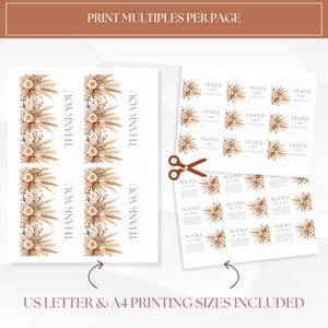 May include: White printable sheets with floral designs and text. The sheets include "Thank You" cards, and labels for "Diaper Raffle" and "Books for Baby". The text "Print Multiples Per Page" and "US Letter & A4 Printing Sizes Included" are also visible.