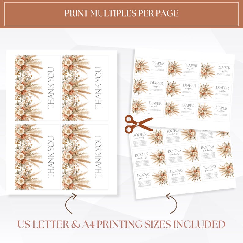 May include: White printable sheets with floral designs and text. The sheets include "Thank You" cards, and labels for "Diaper Raffle" and "Books for Baby". The text "Print Multiples Per Page" and "US Letter & A4 Printing Sizes Included" are also visible.