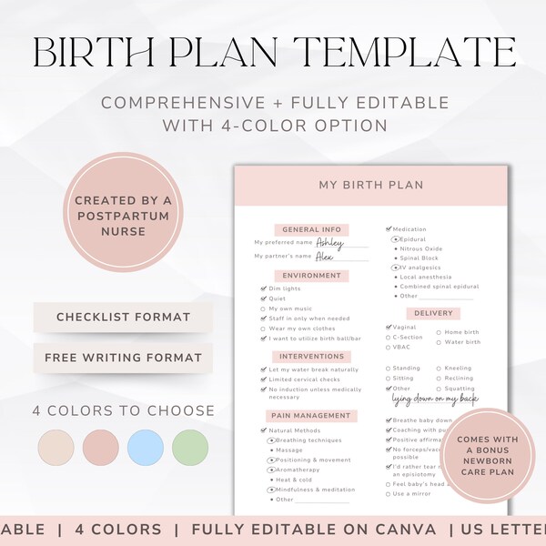 Modèle de plan de naissance modifiable pour une nouvelle maman, agenda de naissance imprimable, plan de naissance personnalisé, planification du travail et de l'accouchement sur toile, plan de naissance Modifier