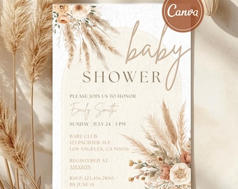 Op de afbeelding: Babyborrel uitnodiging met een neutraal kleurenpalet. Het ontwerp bevat bloemen- en pampasgrasaccenten, met de tekst "baby shower" in een scriptlettertype. Details zijn onder meer de naam van de geëerde gast, datum, tijd en RSVP-informatie.