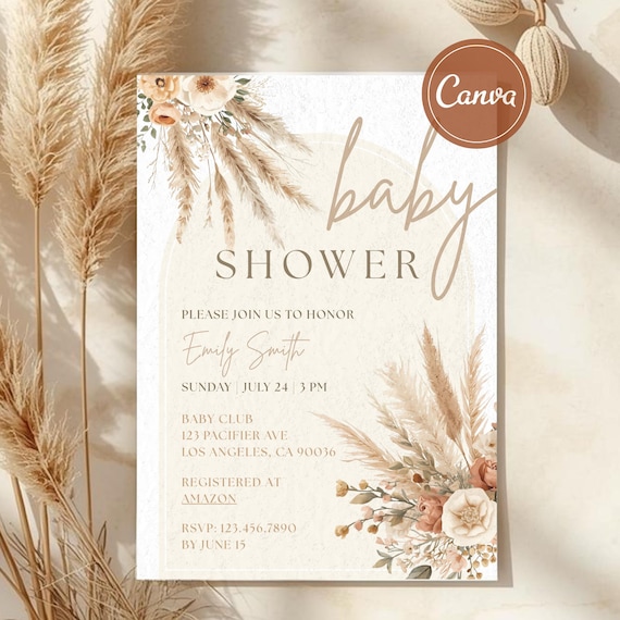 Editable Boho Baby Shower Invitation, Canva Baby Shower Invite Template, Pampas Neutral Baby Shower Invite, Printable Baby Shower Invitation