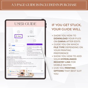 May include: A digital user guide displayed on a tablet, with instructions on downloading files, file types, adding registry links, and printing options. The guide includes the text "User Guide" and "If you get stuck, your guide will..."