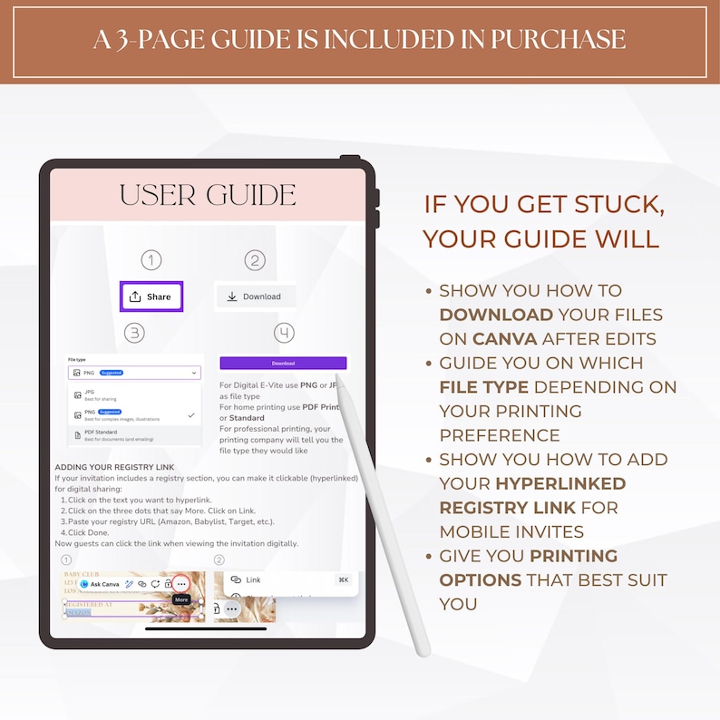 May include: A digital user guide displayed on a tablet, with instructions on downloading files, file types, adding registry links, and printing options. The guide includes the text "User Guide" and "If you get stuck, your guide will..."