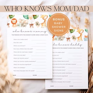 Safari babyshower wie kent mama beste spel, wie kent papa spelkaarten, bewerkbare babyshower spelsjabloon, afdrukbare babyshowerborden, A1